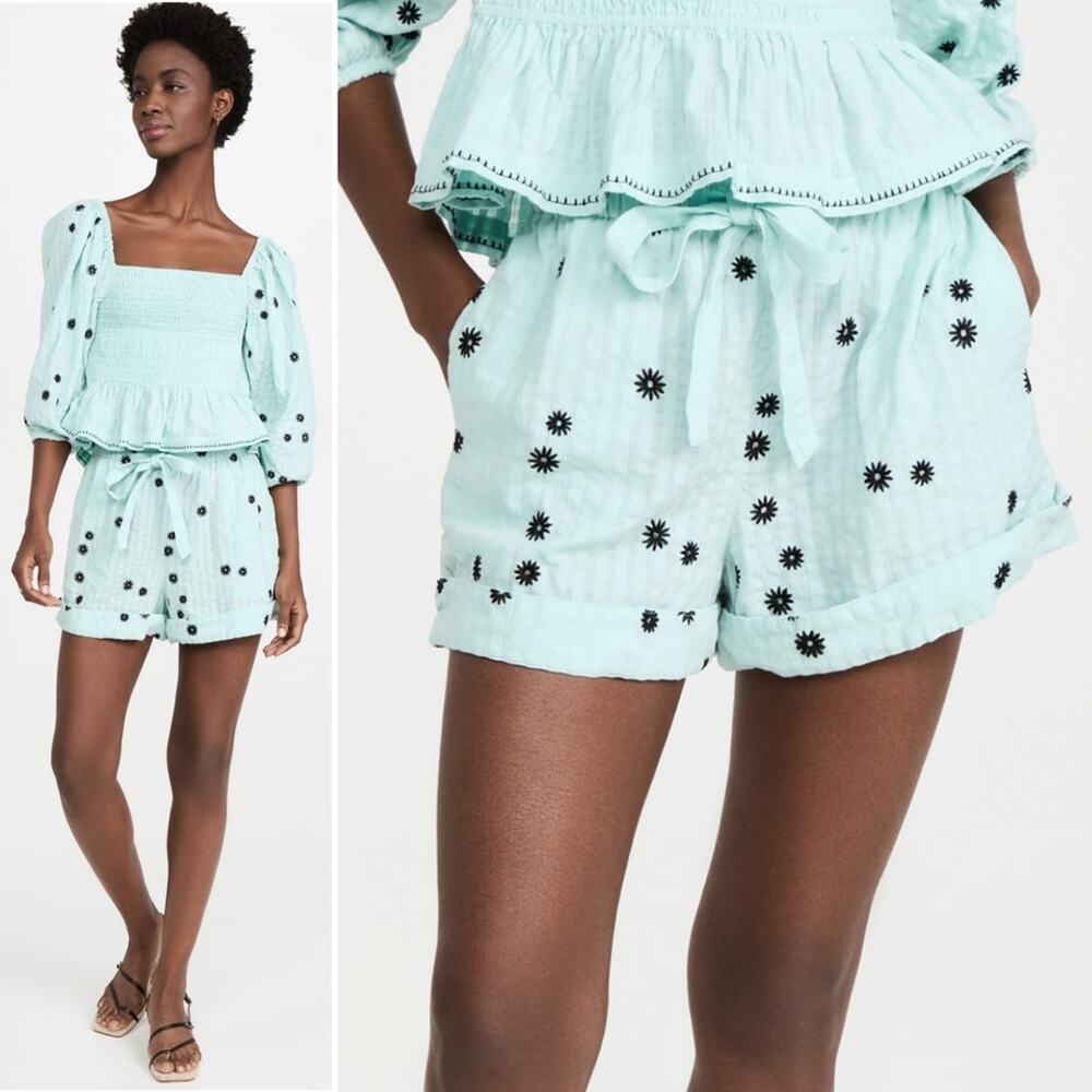 TANYA TAYLOR Flora Shorts Sunburst Araucana Multi Blue Elastic Waist Large NEW